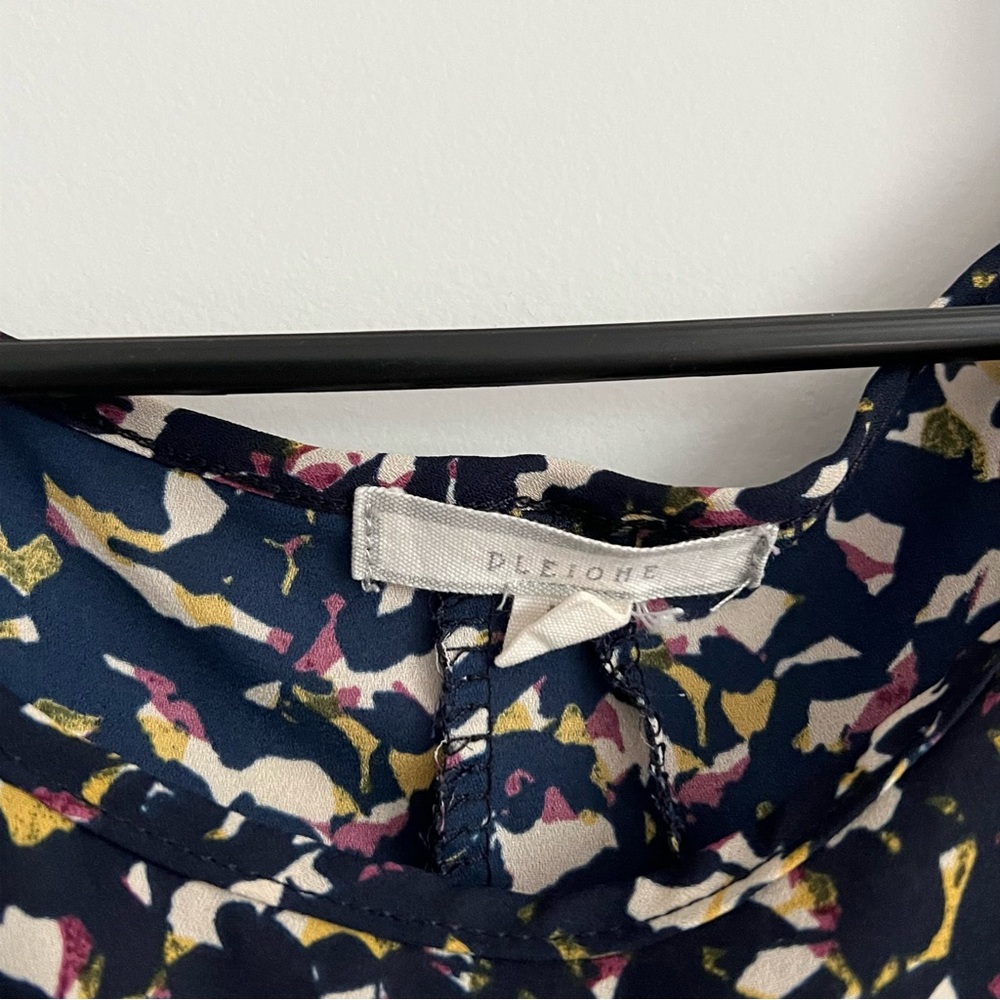 Pleione Navy Blue, Gold, Purple Abstract Print Short Sleeve Scoop Neck Blouse - Picture 4 of 5